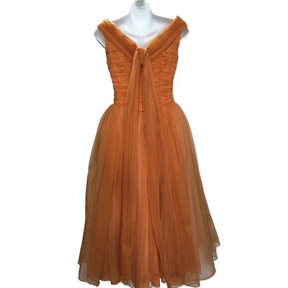 Vintage 50s Dusty Apricot Nylon Prom Party Dress w' Back Panels & Gloves XS - Picture 5 of 9